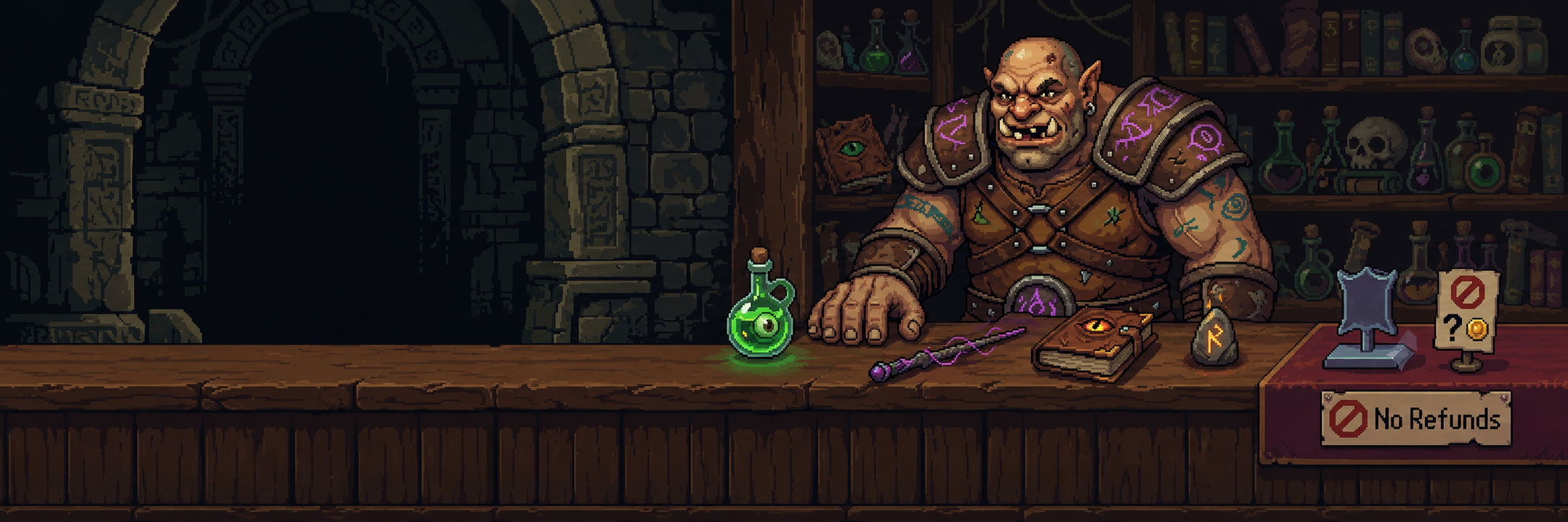 A grumpy orc merchant standing behind his shop counter